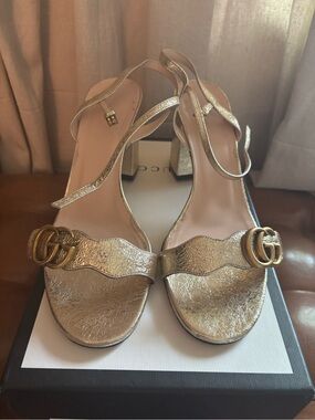 Gucci Gold Leather Block Heel Sandals with Double G